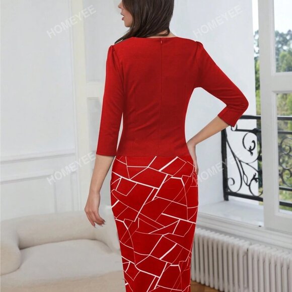 HOMEYEE Women's 2XL Printed Patchwork Elegant Striped Red Pencil Dress With 2 In - Picture 2 of 4